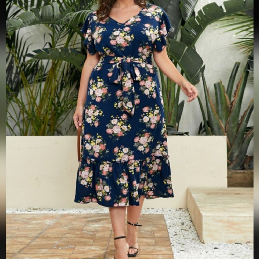 SHEIN Curve Romantic Boho Pink Roses Floral Ruffle Sleeve Maxi Dress 1X